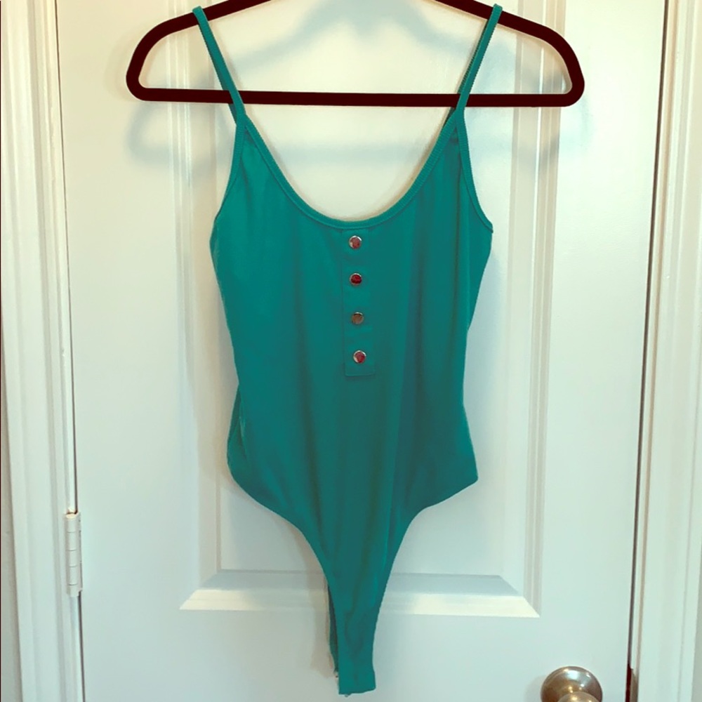 CHARLOTTE RUSSE REVAMPED RIBBED TEAL BODYSUIT